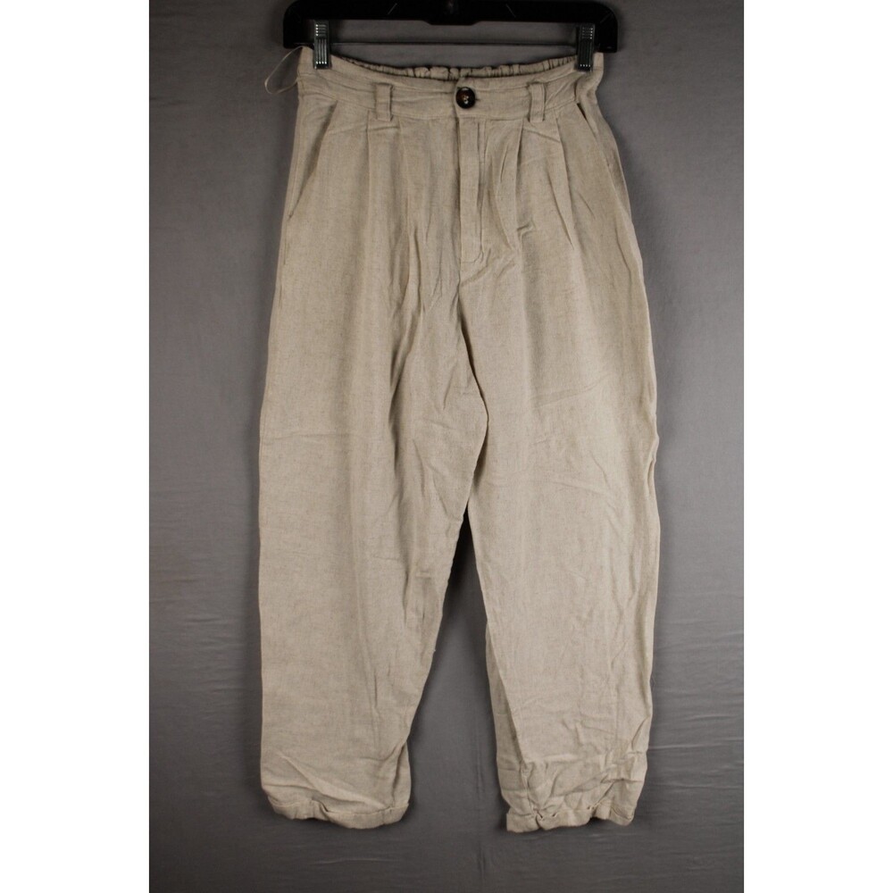 Mable Linen Blend Pants Women’s Small S Pleated Cuffed Oatmeal Beige High Rise